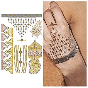Tattify Indian Style Gold Silver Temporary Tattoo - Indian Princess Sheet 3 (Set of 1 sheet) - Other Styles Available - Fashionable Temporary Tattoos - Long Lasting and Waterproof