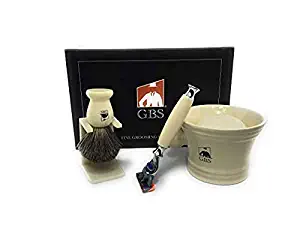 GBS Classic Shaving Set in Gift Box Compatible 5 Blade Razor Ceramic Mug, All Natural Glycerin Soap, Pure Badger Brush + Stand Ultimate Old Fashioned (Ivory) + 1 Blade