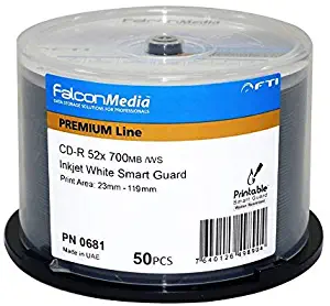 FalconMedia SmartGuard Glossy White Inkjet CD-R - 52x, 700mb/80 Minute, Hub-Printable, Water Resistant - 50 Pack