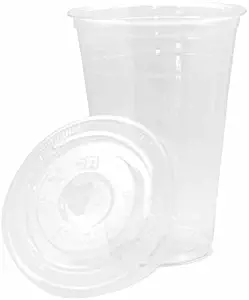 [200 SETS] Plastic Disposable Cups with Lids - Premium 20 oz (ounces) Crystal Clear PET for Cold Drinks Iced Coffee Tea Juices Smoothies Slush Soda Cocktails Beer Kids Safe (20oz Cups + Flat Lids)