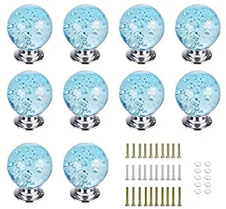 Set of 10 Aqua Blue Bubbles Glass Crystal Knobs and Pulls Knobs Handles for Kitchen Furniture Door Drawer Cabinet Dresser Closet Wardrobe Cupboard Bathroom