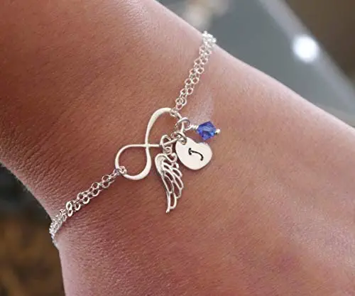 Dainty Remembrance Bracelet - Personalized - Angel Wing Bracelet - Sterling Silver - Infinity Bracelet - Initial Bracelet - Heart Initial - Birthstone - Dainty - Memorial Bracelet Gift