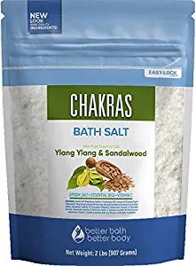 Chakras Bath Salt 32 Ounces Epsom Salt with Natural Ylang Ylang, Sandalwood, Eucalyptus, Frankincense, Chamomile and Cinnamon Essential Oils Plus Vitamin C in BPA Free Pouch with Easy Press-Lock Seal