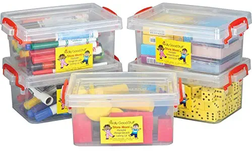 Really Good Stuff Small Clear Plastic Stackable Storage Tubs with Locking Lid – Red Handles Lock Lid in Place – Hold Supplies, Manipulatives and More in Classroom or Home, 8”x4”x5” (Set of 5)