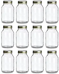 North Mountain Supply 32 Ounce Quart Glass Regular Mouth Mason Canning Jars - With Gold Safety Button Lids - Case of 12