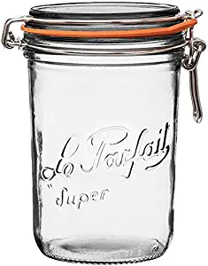 Le Parfait Super Terrine - 1L French Canning Jar w/Straight Body, Airtight Rubber Seal & Glass Lid - With Bail Lid - 34 oz/1 Liter/apprx. 1 Quart (Pack of 6) - Original Galvanized Wire