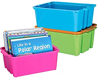 Really Good Stuff Stackable Plastic Book and Organizer Bins for Classroom or Home Use – Sturdy Plastic Baskets in Fun Neon Colors (Set of 4)