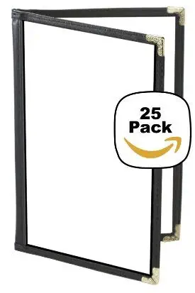 JR SALES CORP, VAL-B58-BLACK, 25 Menu Covers, Double Panel, 4 Views, Holds 5.5" x 8.5" Inserts, Black Leatherette Trim, Gold Decorative Corners, 10 Gauge Crystal Clear Panels,Restaurant Quality